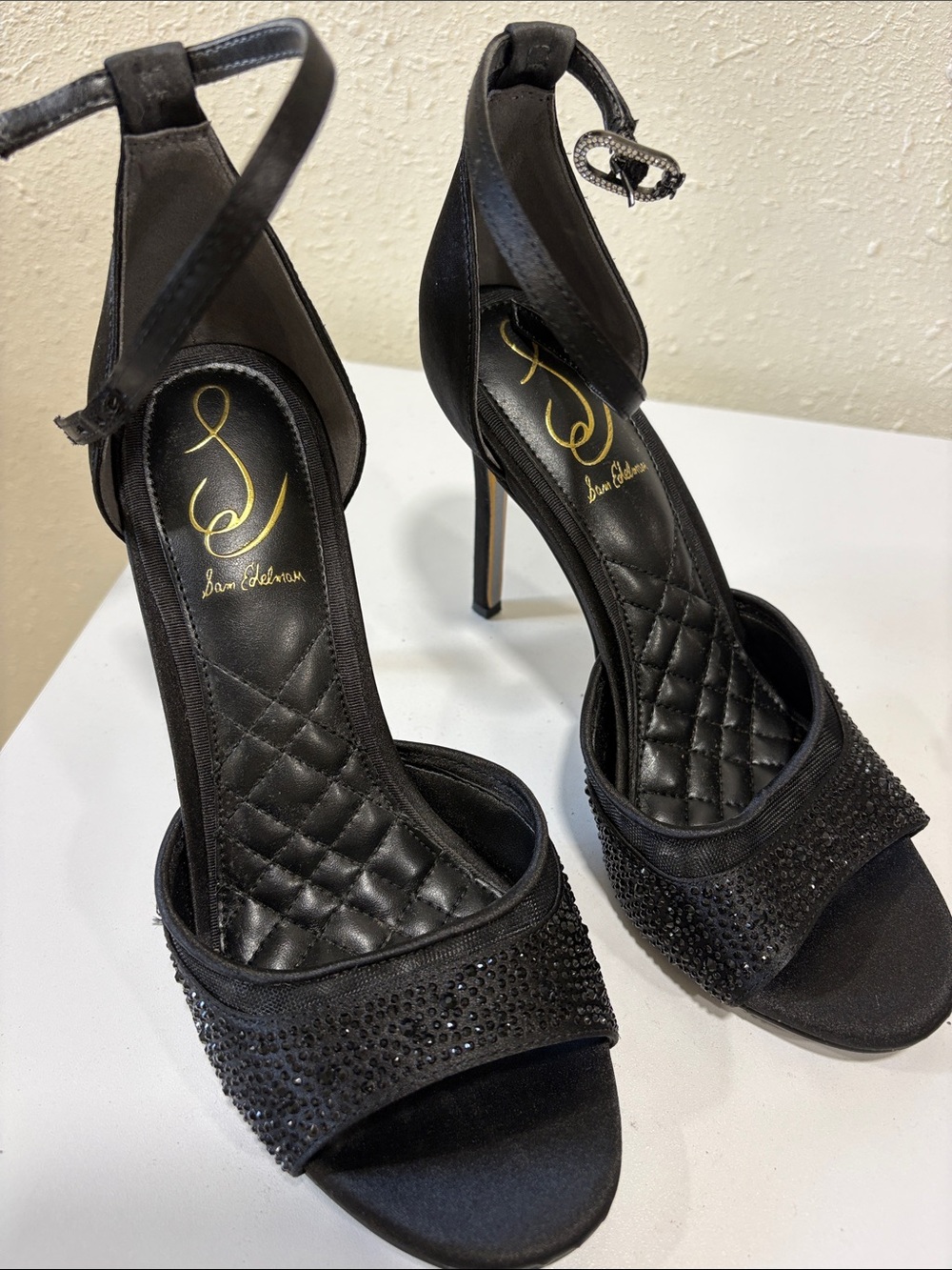 Sam Edelman Keissa Black Crystal-Embellished Ankle-Strap Heels